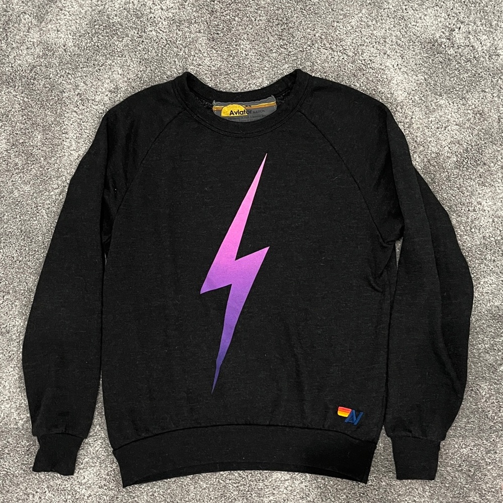 Aviator Nation Black Sweater with Purple Lightning Bolt